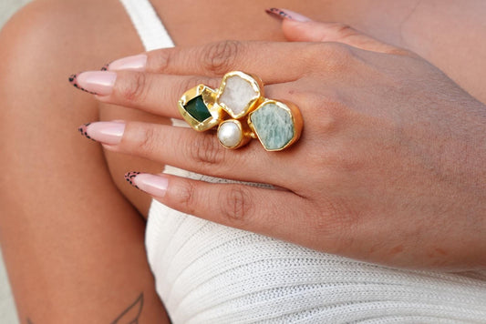 Bold Harmony Natural Stone Cluster Rings – Handcrafted  18k Gold-Plated Brass Statement Jewelry.