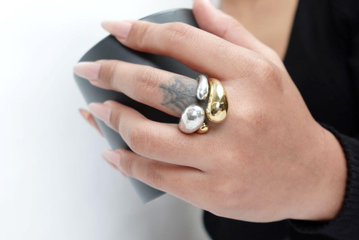 Boho Nugget Statement Ring - Abstract Brass and Silver Stone Nugget Adjustable Ring.