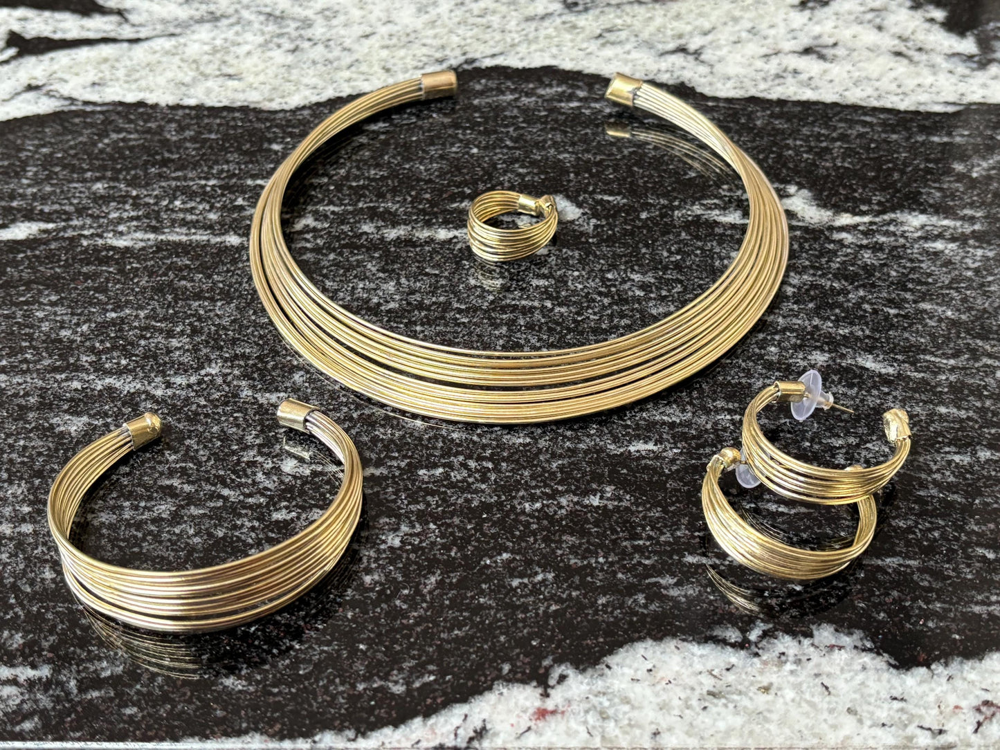 4 Piece Brass / Silver Set. Necklace, Bangle, Ring, Earrings.