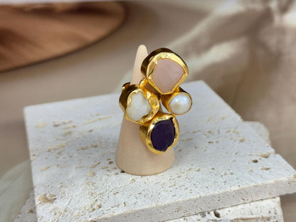 Bold Harmony Natural Stone Cluster Rings – Handcrafted  18k Gold-Plated Statement Jewellery.
