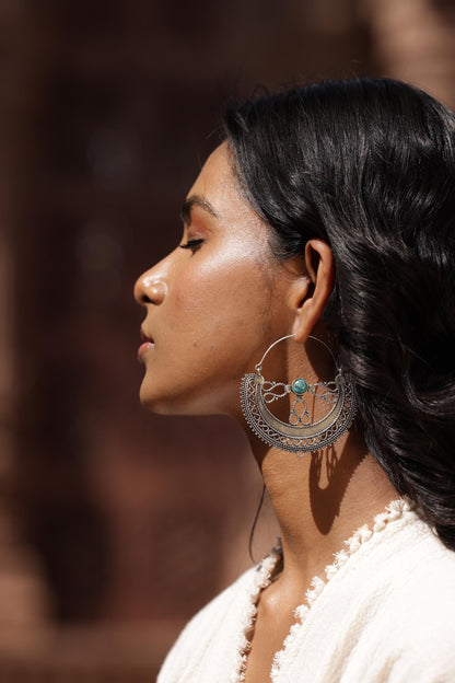 Filigree Crescent Moon Earrings with Gemstone.