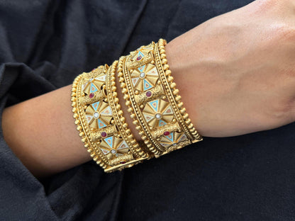 Royal Motif Bridal Kada with Enamel & Ruby Inlay - Vintage-style bangle.