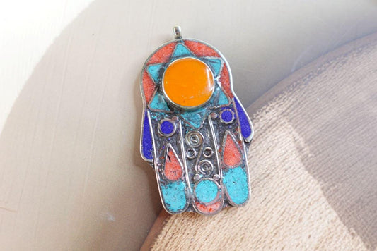 Handcrafted Hamsa Pendant - Tibetan Nepal - Amber, Coral Stone - Fatima Hands