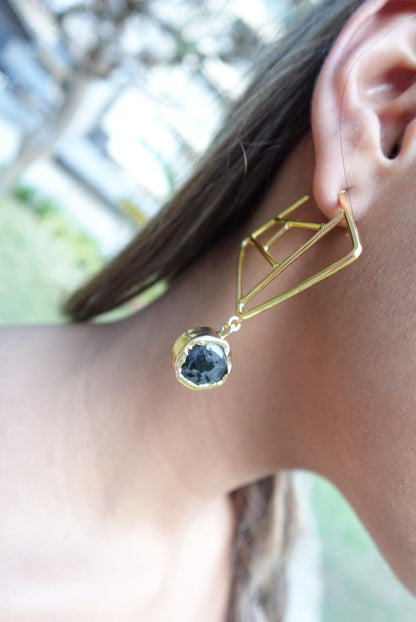 Geometric Gold Drop Earring with Faceted Gemstone.