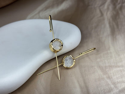 Raw Stone Minimalist Hook Earrings – 18K Gold Plated.
