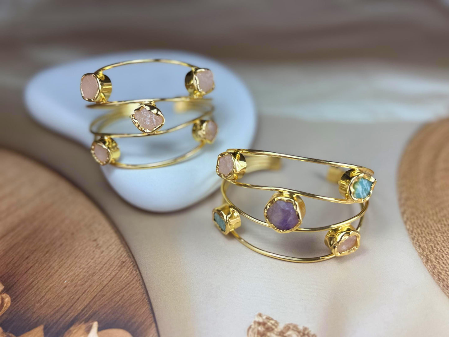 18K Gold-Plated natural stone adjustable Cuff Bracelet.