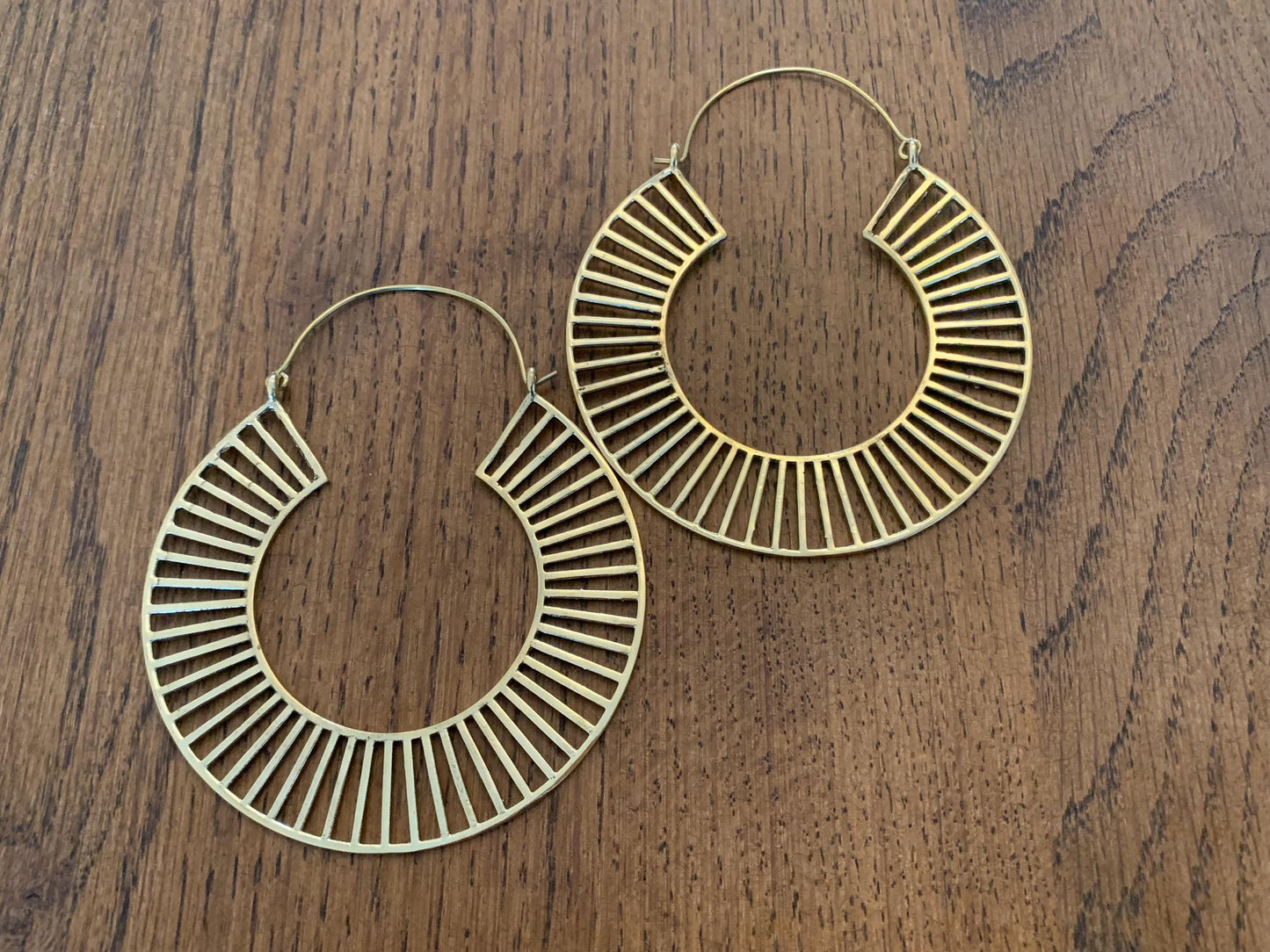 Sundial Line Hoops - Structured Brass Hoop Earrings with Sunray Cut Design.