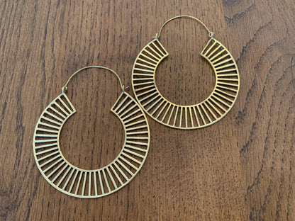 Sundial Line Hoops - Structured Brass Hoop Earrings with Sunray Cut Design.