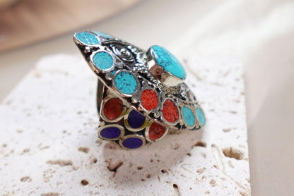 Bohemian Turquoise Statement Rings with Multicolor Inlays.