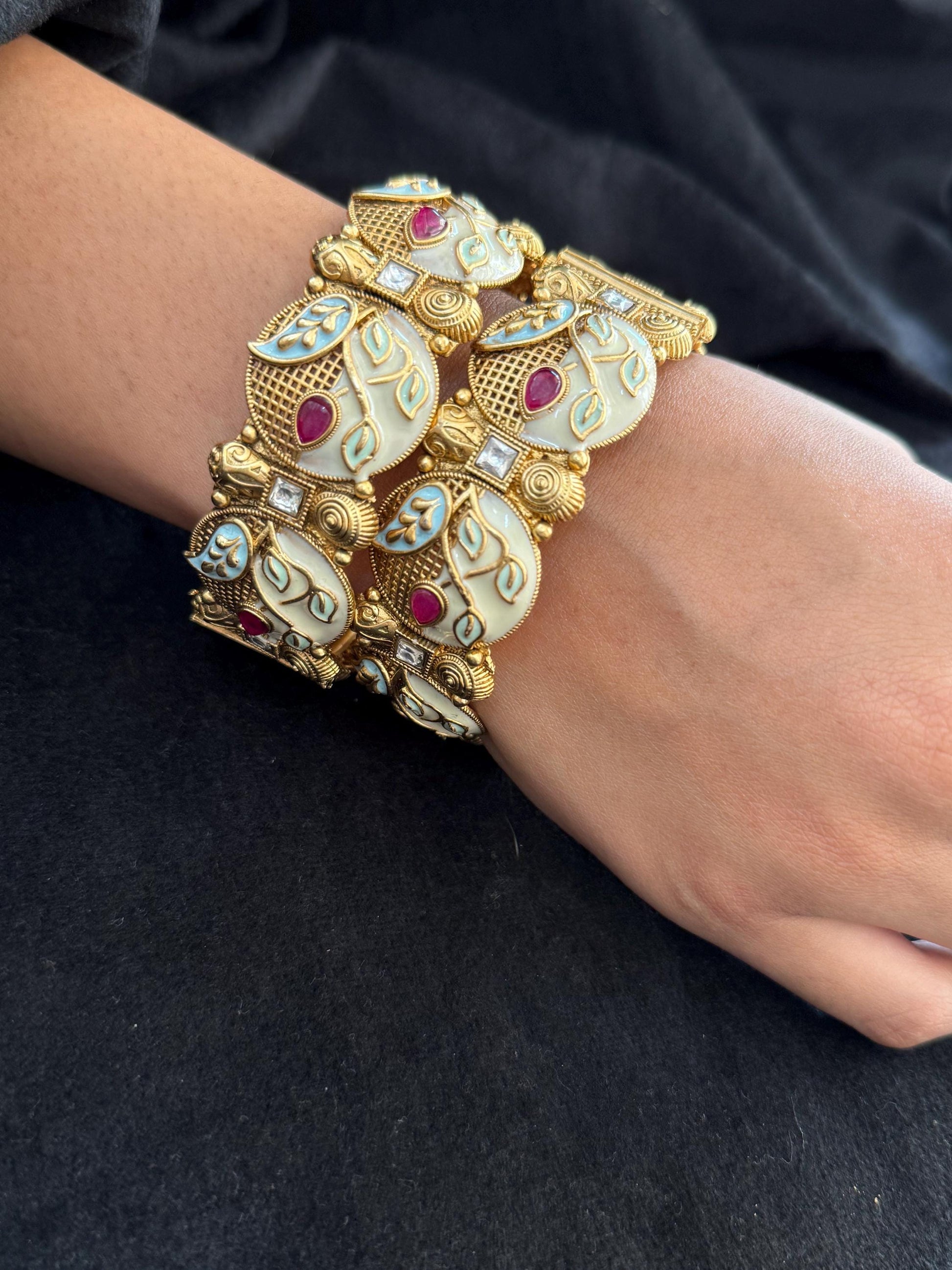 Ivory Enamel Leaf Kada - Hand-painted bridal kada..