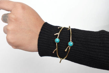 Turquoise/Moonstone Twig Open Brass Bangle - Nature-inspired twig bangle with turquoise stones—bold and earthy.