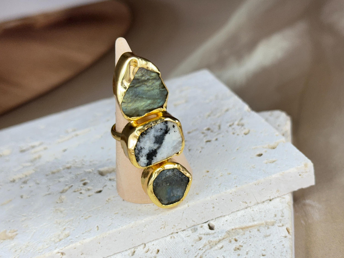 Earthbound Elegance Trio Stone Rings – Textured 18K Gold-Plated Brass Setting.
