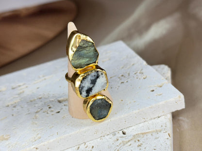 Earthbound Elegance Trio Stone Rings – Textured 18K Gold-Plated Brass Setting.