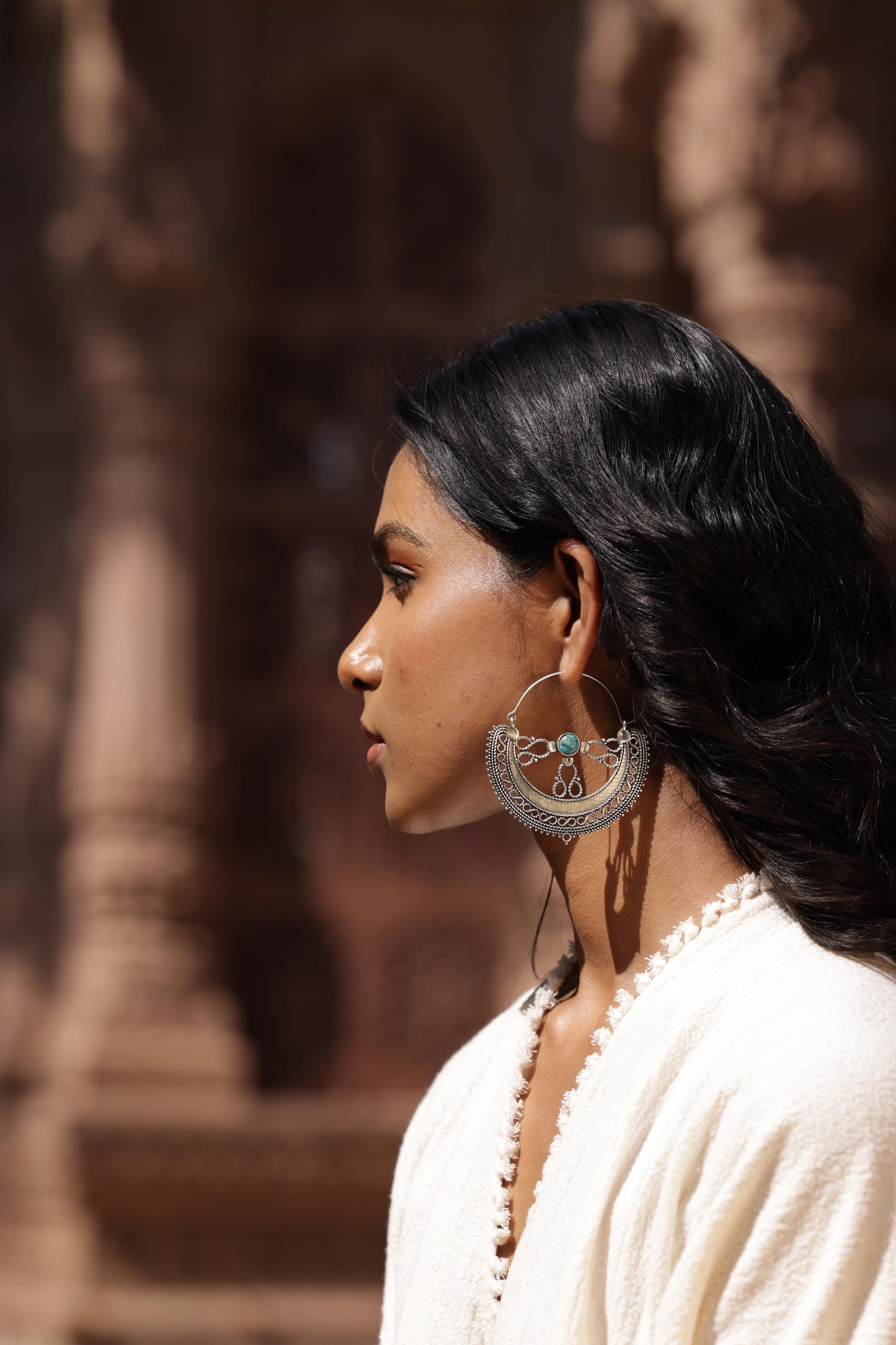 Filigree Crescent Moon Earrings with Gemstone.