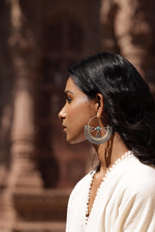 Filigree Crescent Moon Earrings with Gemstone.