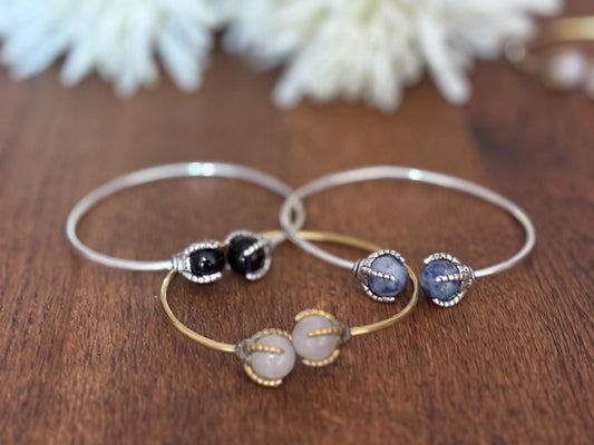 Gem Duo Adjustable Wire Bangles - Delicate wire bangles with paired gemstones—ethereal and stackable.