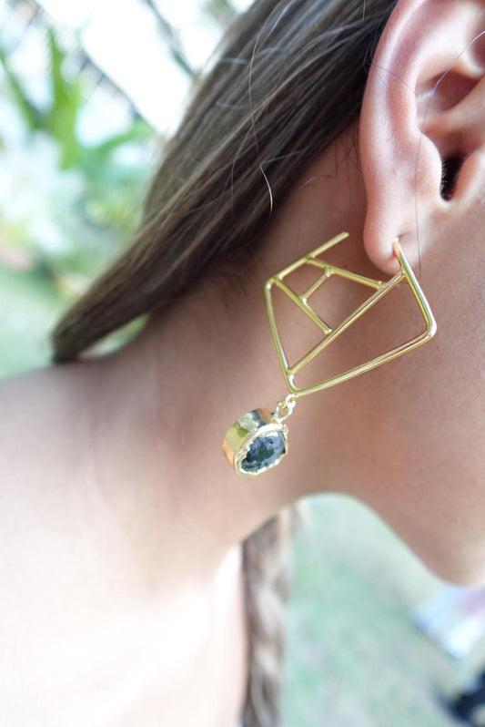 Geometric Gold Drop Earring with Faceted Gemstone.