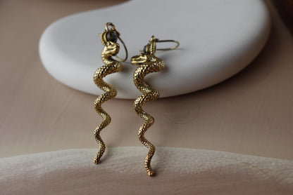 Serpentina Spiral Dangles - Twisted Brass Snake Earrings in Gold/Sliver Tone.
