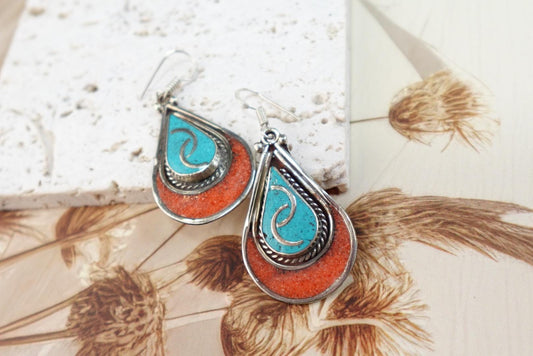 Tibetan silver earrings in boho style with turquoise stone and coral.