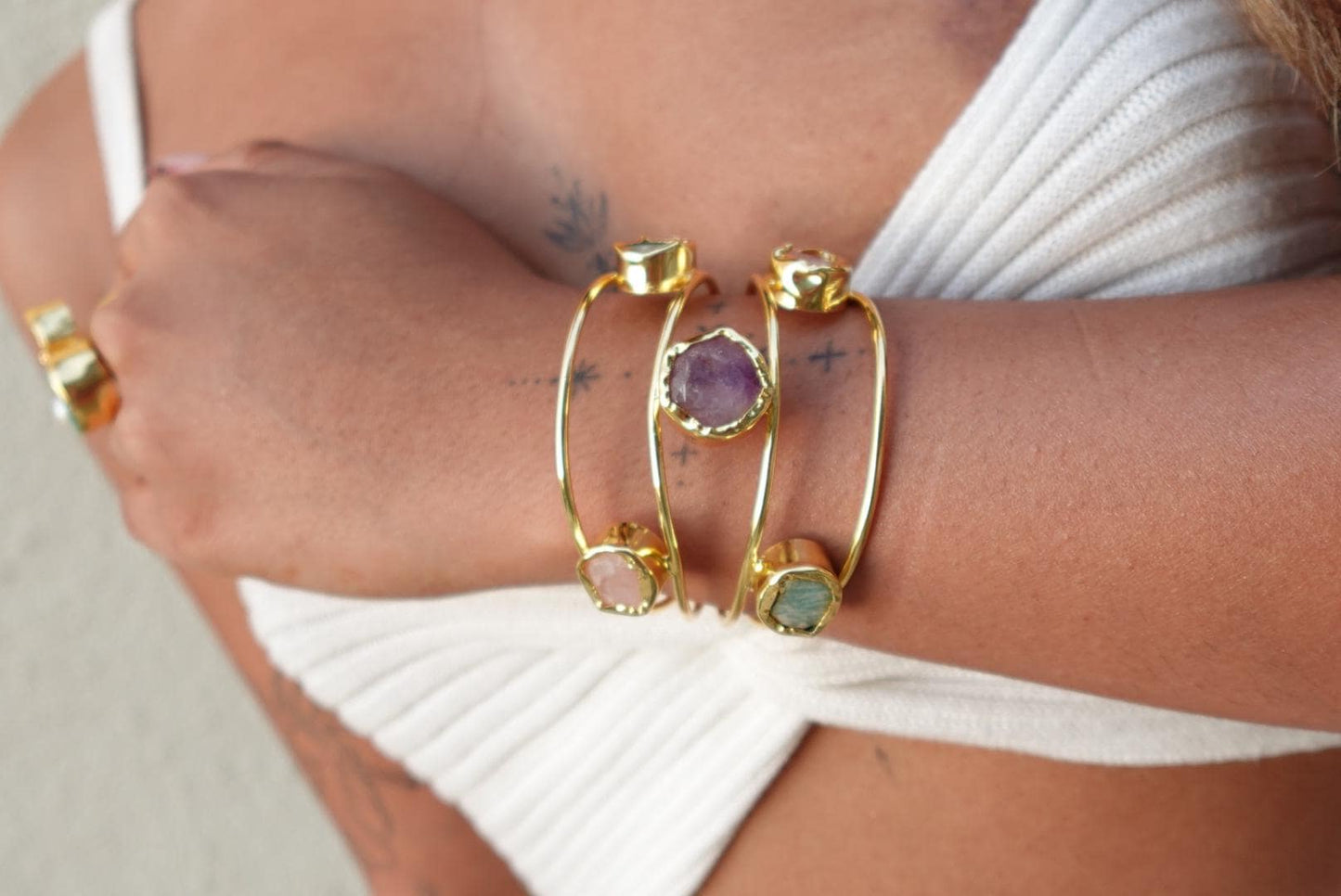 18K Gold-Plated natural stone adjustable Cuff Bracelet.