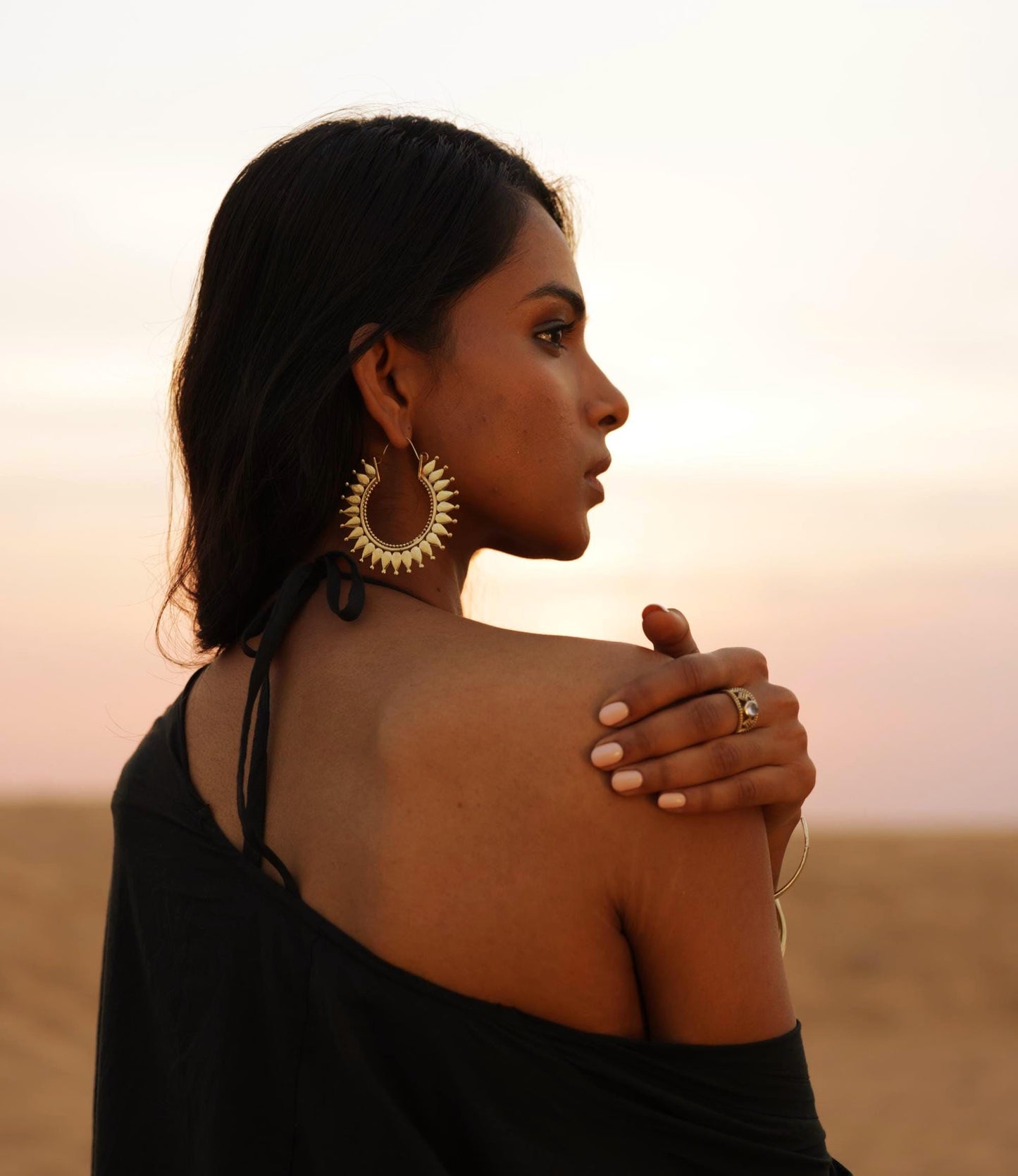 Soleil Mandala Brass Hoops – Ethnic Boho Statement Earrings.