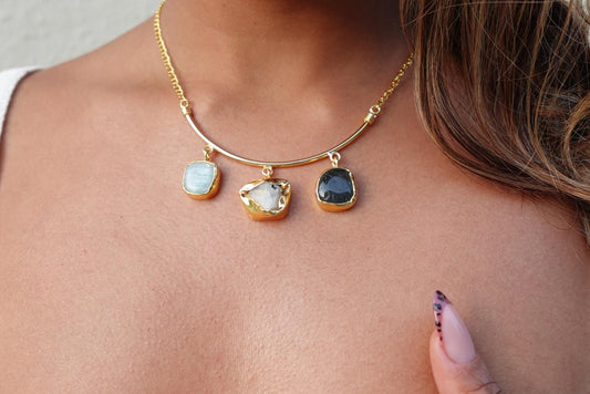 Modern Trio Gemstone Bar Necklace – Amazonite, Moonstone & Black Onyx in 18K Gold-Plated Setting.