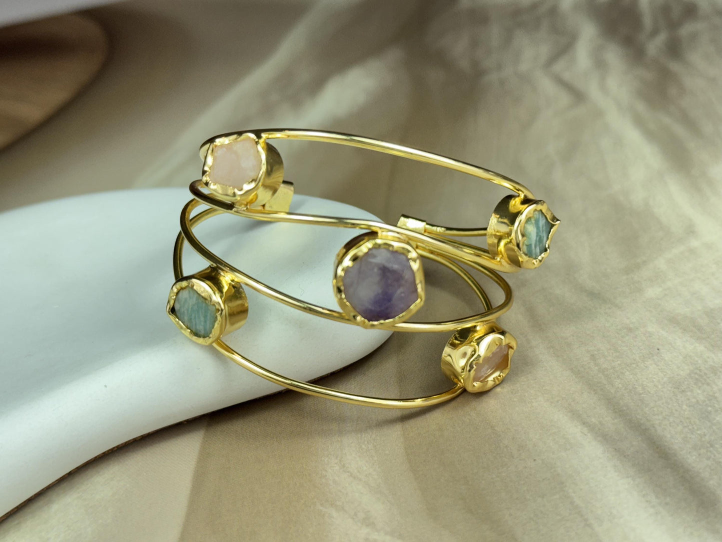 18K Gold-Plated natural stone adjustable Cuff Bracelet.