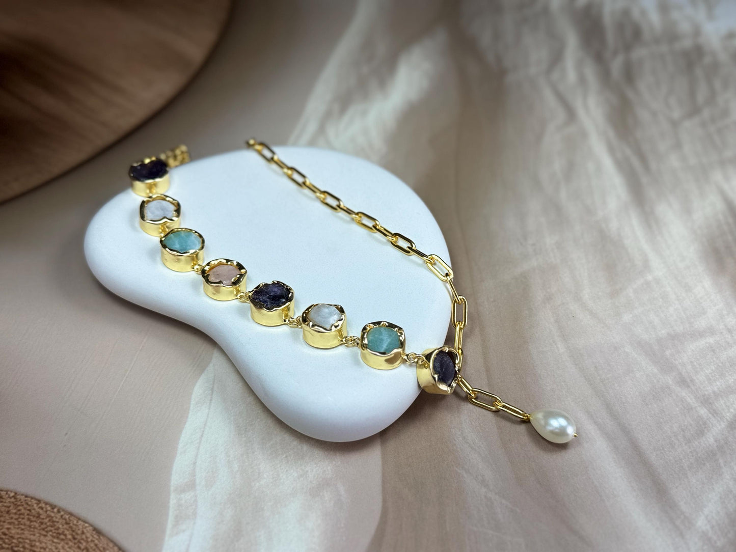 Handcrafted 18K Gold-Plated Asymmetrical Necklace Featuring Raw-Cut Gemstones with Teardrop Pendant – Bohemian Luxe Statement Jewellery.