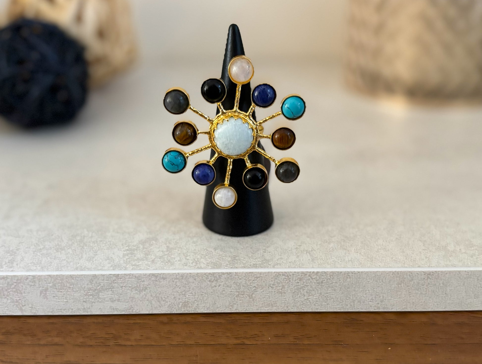 Multi-Stone Sunburst Adjustable Ring – Natural Gemstone Statement Ring.