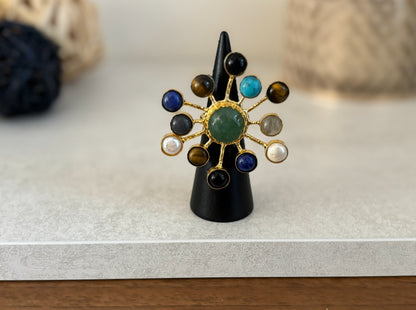 Multi-Stone Sunburst Adjustable Ring – Natural Gemstone Statement Ring.