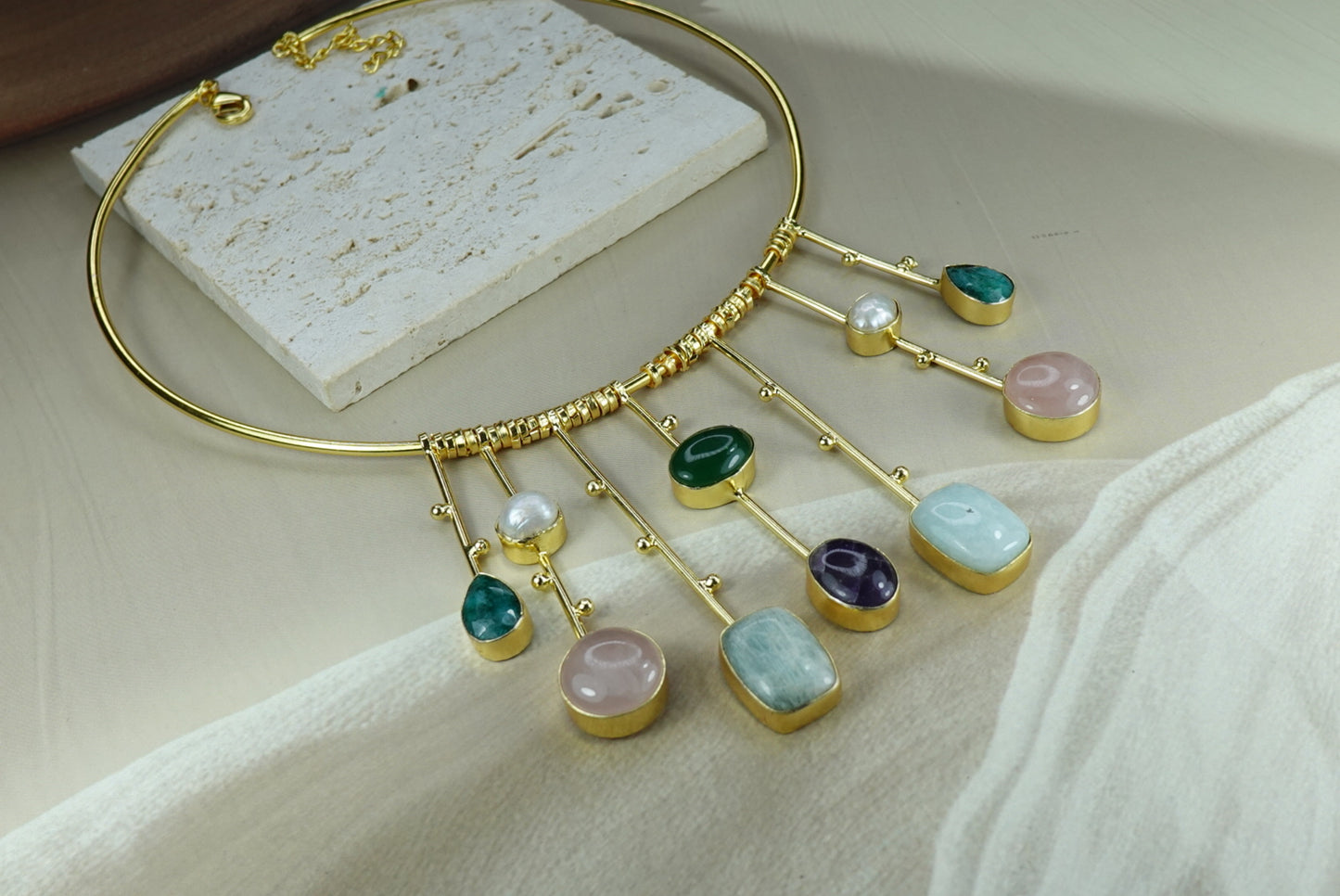 Handcrafted 18K Gold-Plated Multicolor Gemstone Hasli Necklace