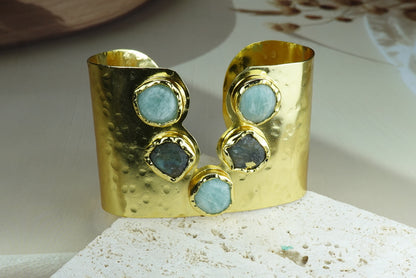 Handcrafted Gold-Plated Gemstone Adjustable Cuff Bracelet with Natural Stones.