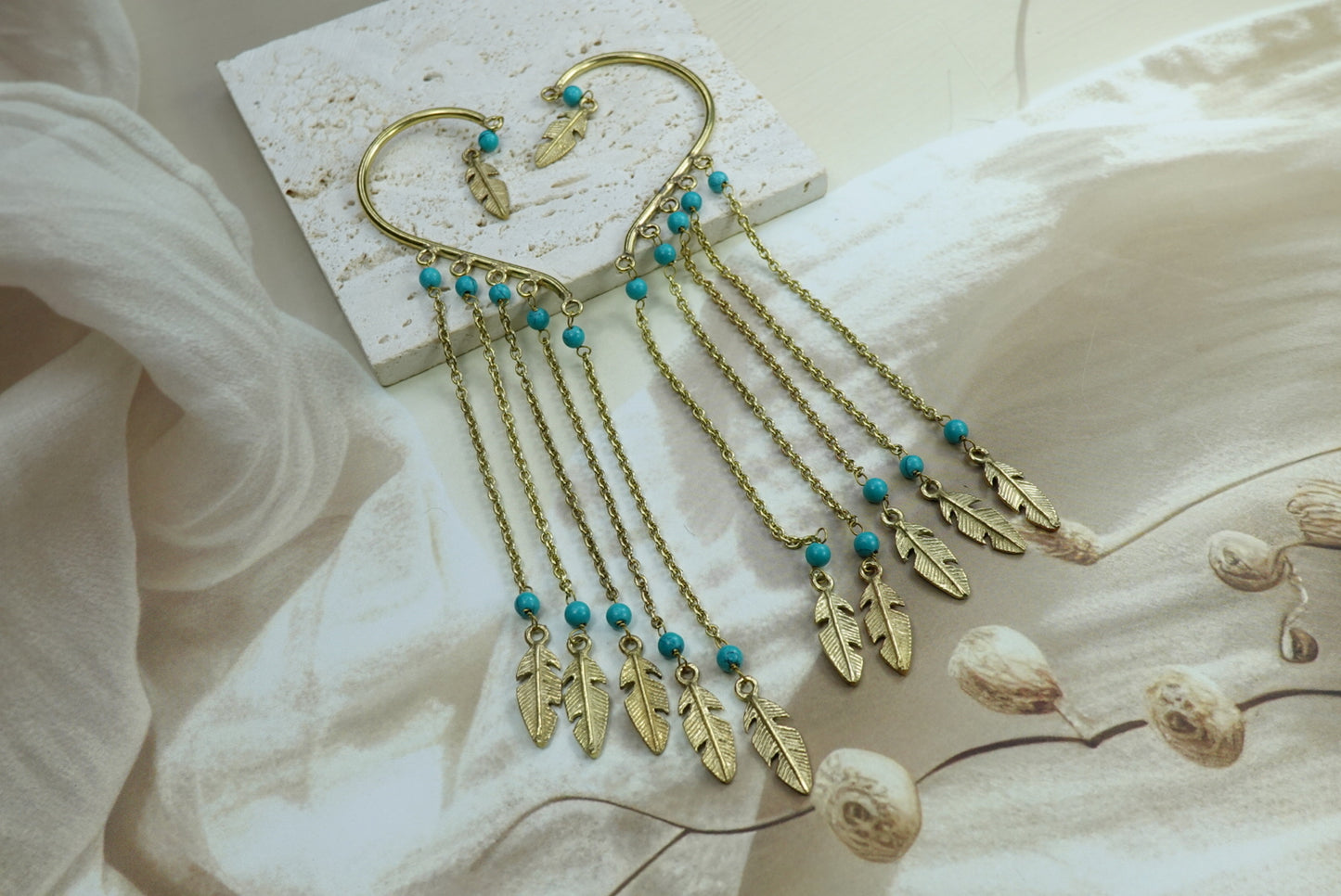 Boho Feather Chain Ear Cuff Earrings – Brass/Silver Statement Earrings