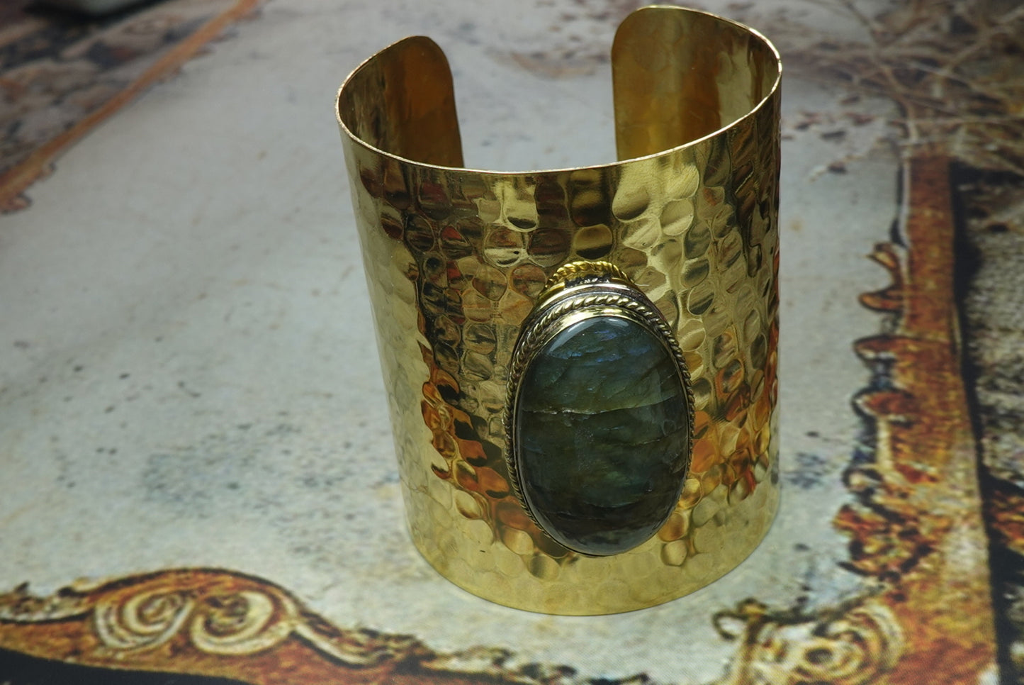 Hammered Brass Cuff Bracelet with Labradorite – Bold Boho Statement Jewelry.