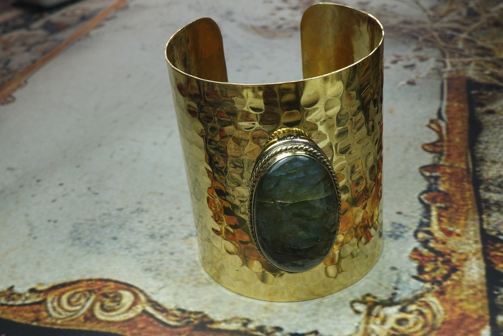 Hammered Brass Cuff Bracelet with Labradorite – Bold Boho Statement Jewelry.