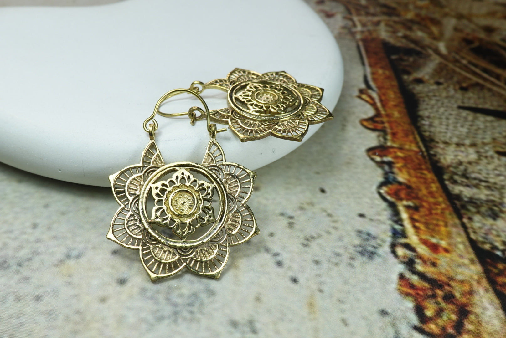 Brass Mandala Hoop Earrings – Intricate Floral Boho Statement Jewelry.