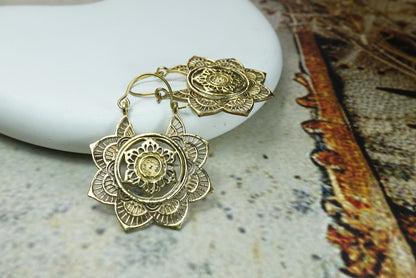 Brass Mandala Hoop Earrings – Intricate Floral Boho Statement Jewelry.