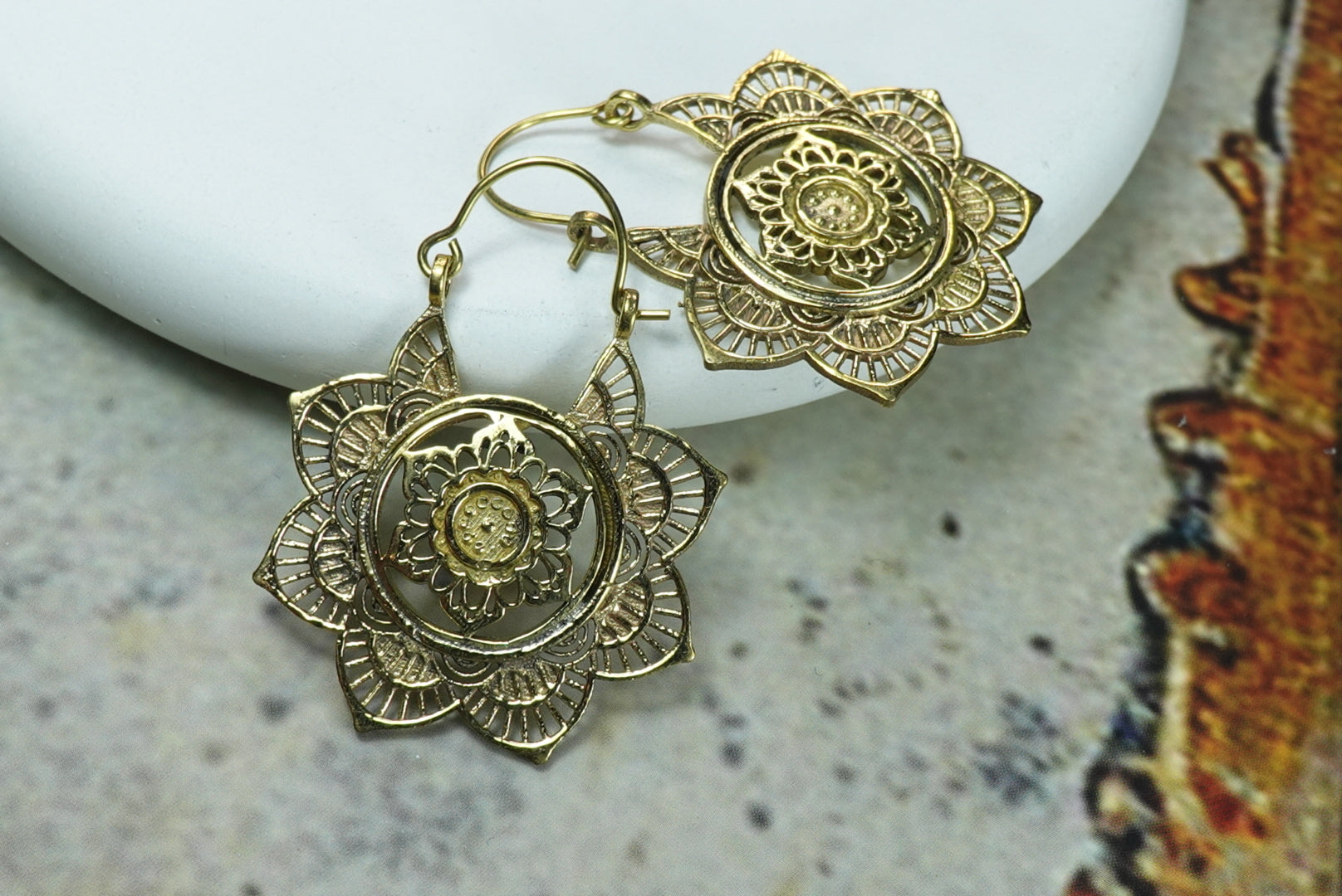 Brass Mandala Hoop Earrings – Intricate Floral Boho Statement Jewelry.