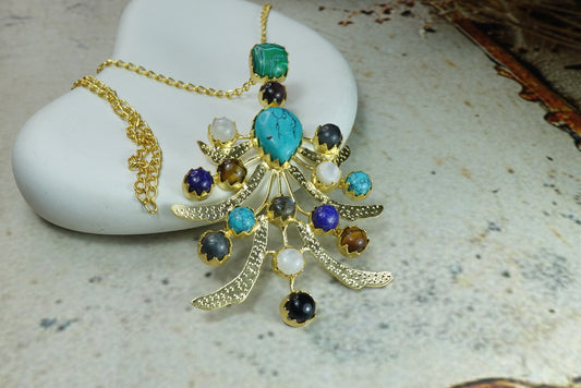 Celestial Branch Necklace with Mixed Gemstones – 18K Gold Plated Statement Pendant
