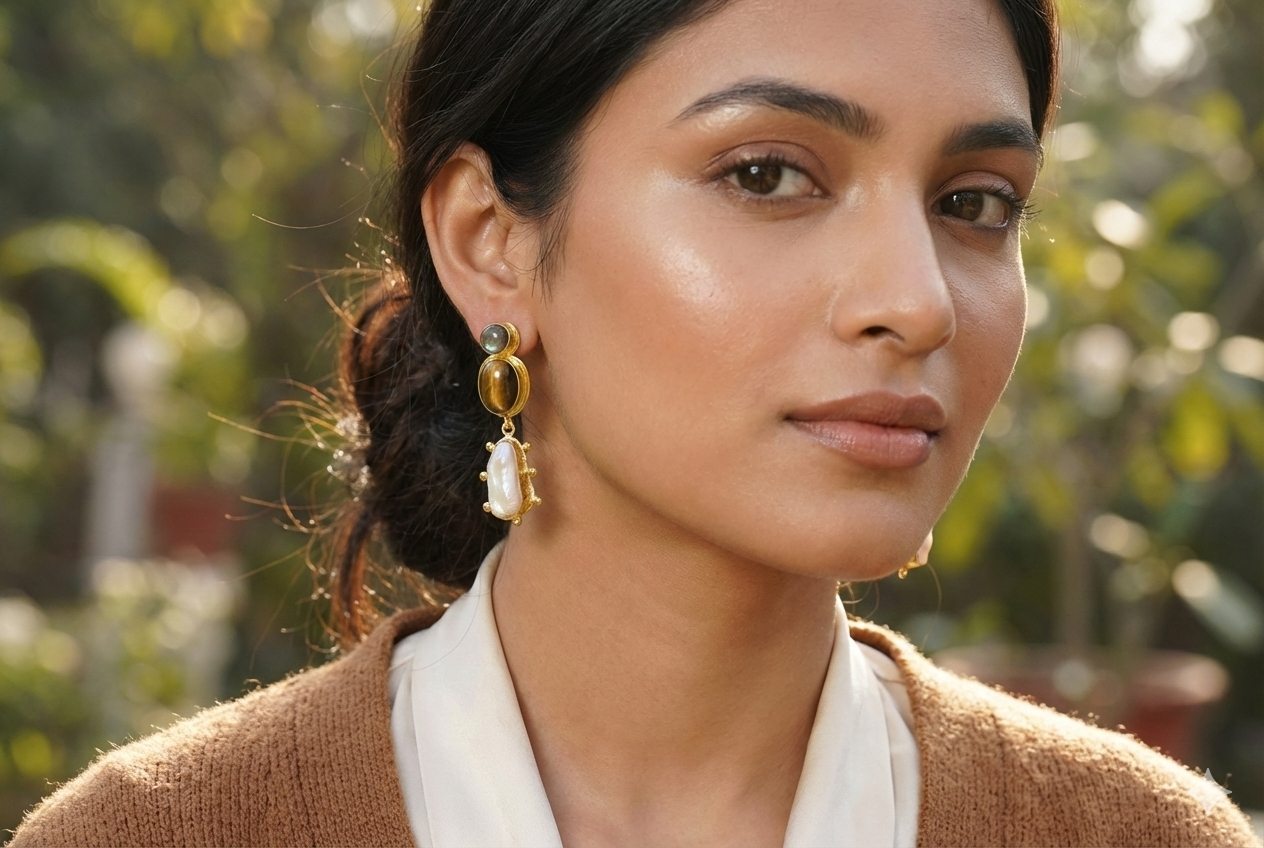 18K Gold-Plated Brass  Drop Earrings with Natural Gemstones.