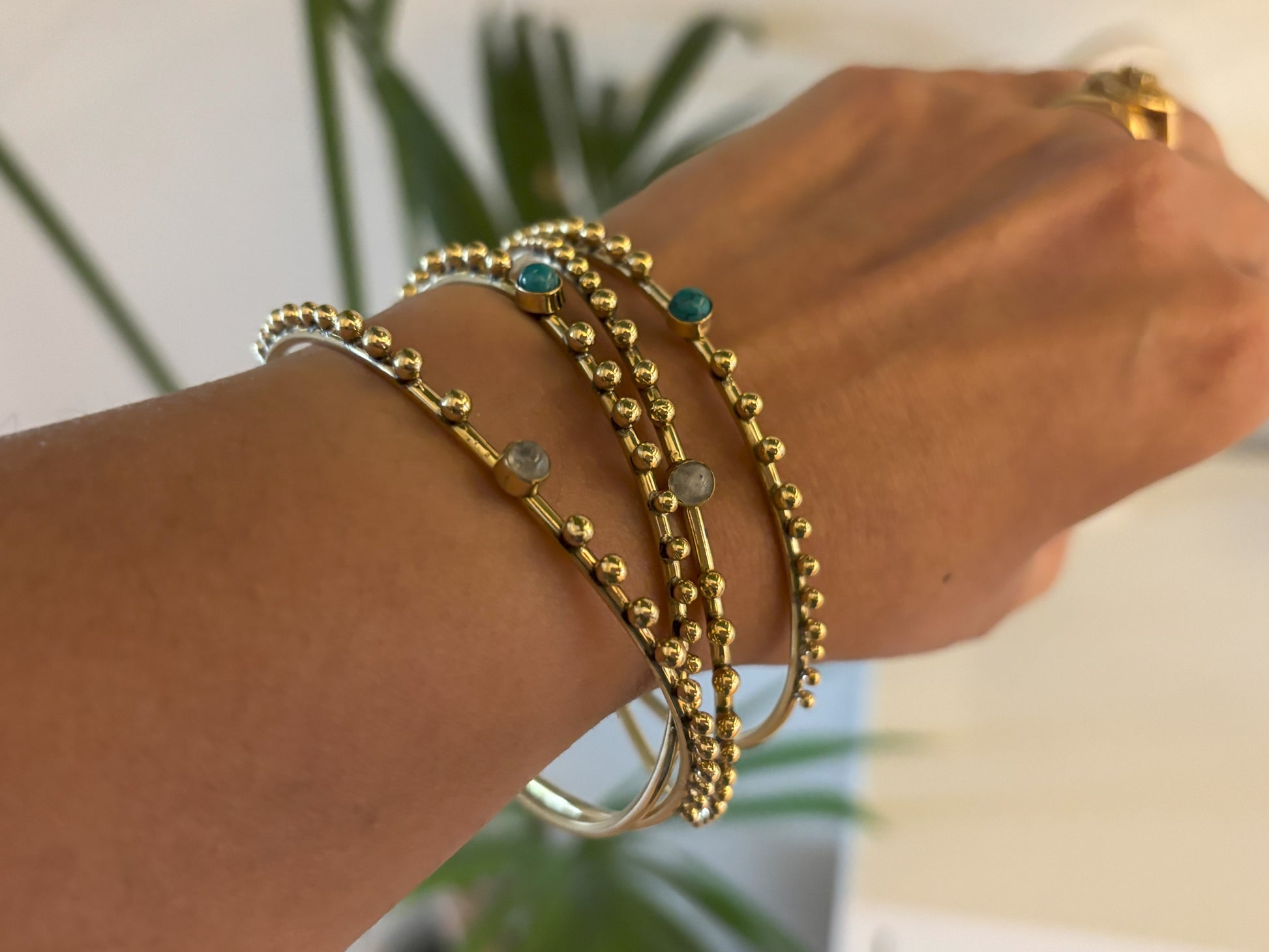 Turquoise/Moonstone Beaded Brass Bangles..