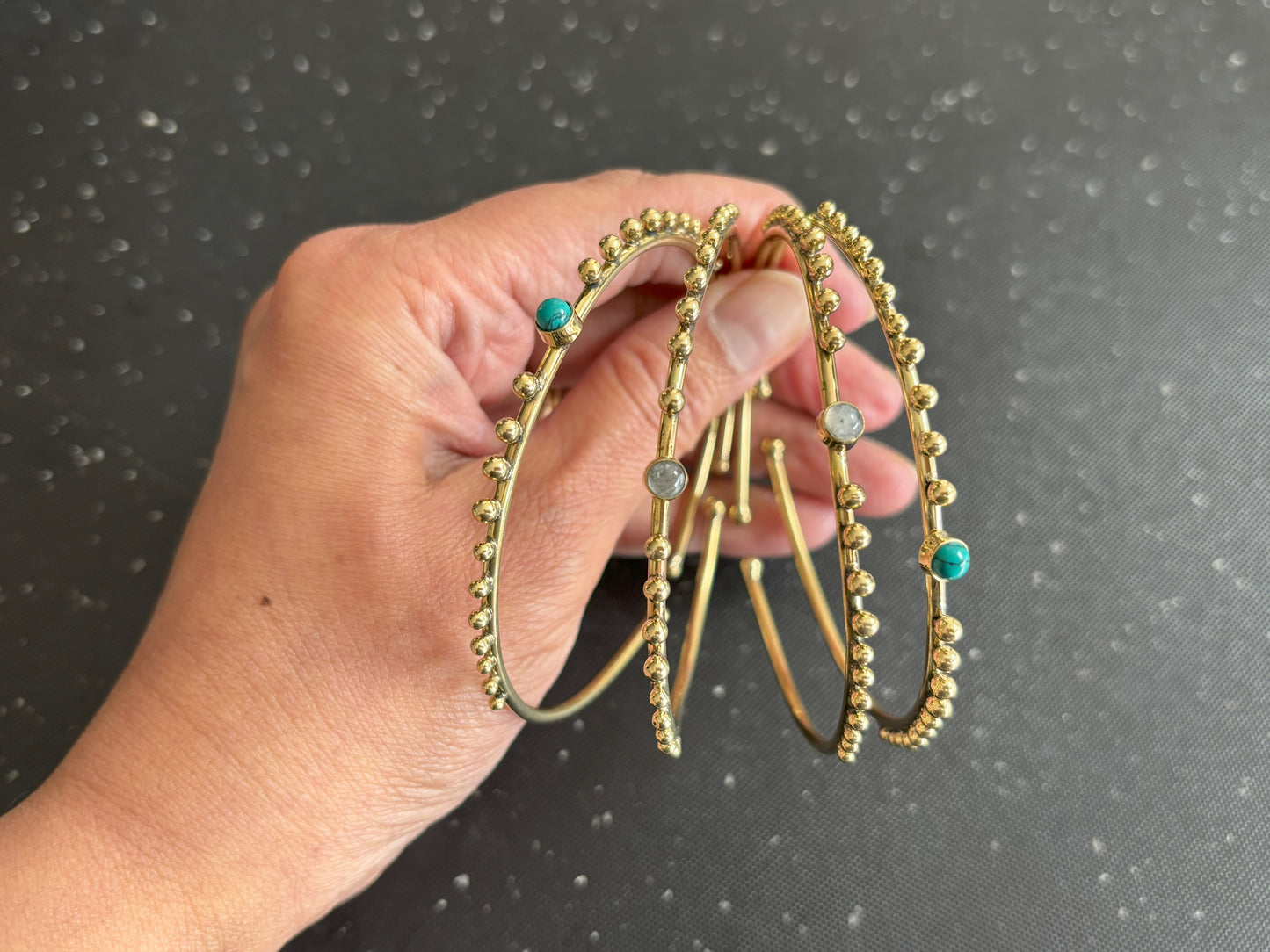 Turquoise/Moonstone Beaded Brass Bangles..