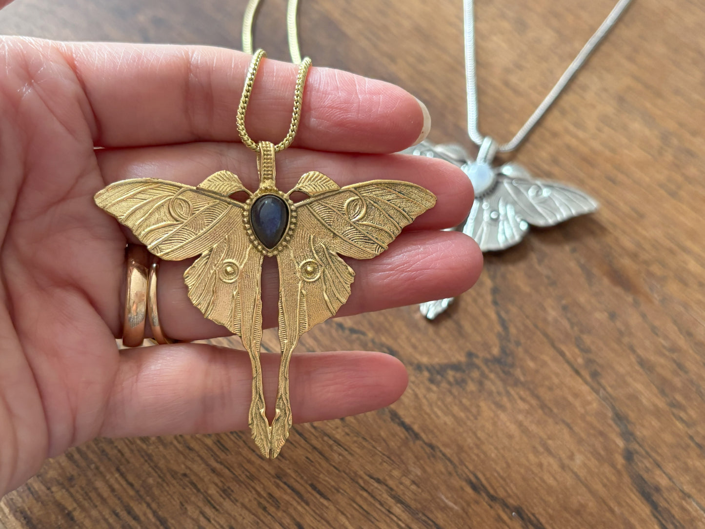 Gold/Sliver Luna Moth Necklace with Labradorite/Moonstone – Nature-Inspired Boho Statement Pendant..