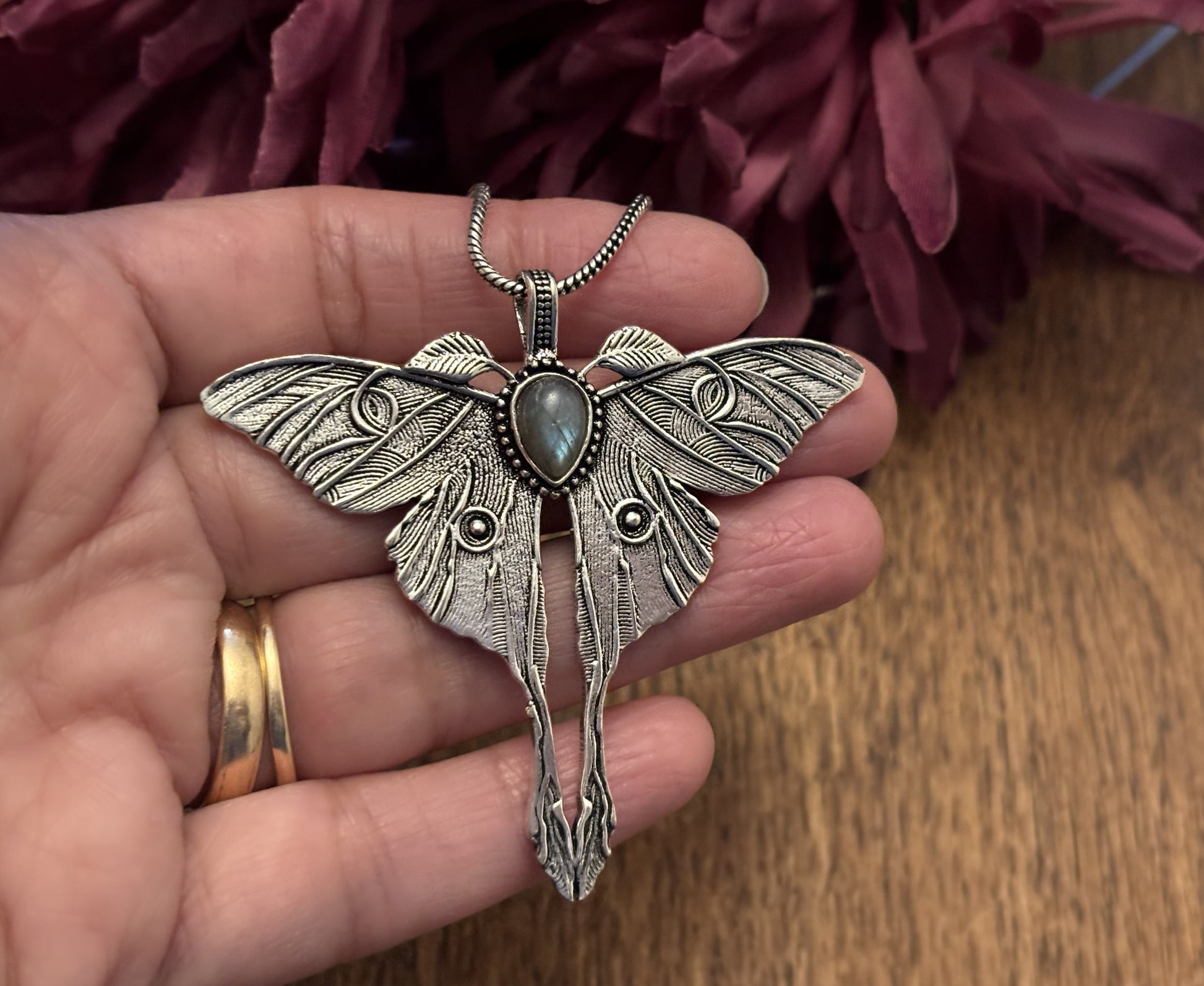 Gold/Sliver Luna Moth Necklace with Labradorite/Moonstone – Nature-Inspired Boho Statement Pendant..