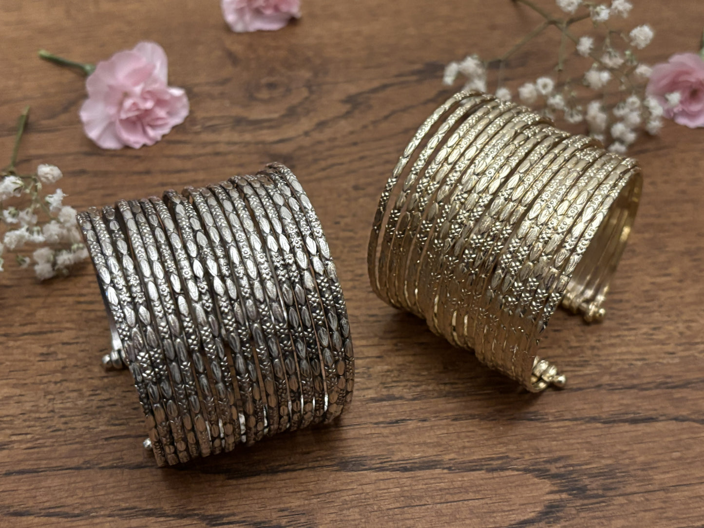 Hammered Gold/Sliver Finish Stack Cuff – Adjustable Brass Bangles Set..
