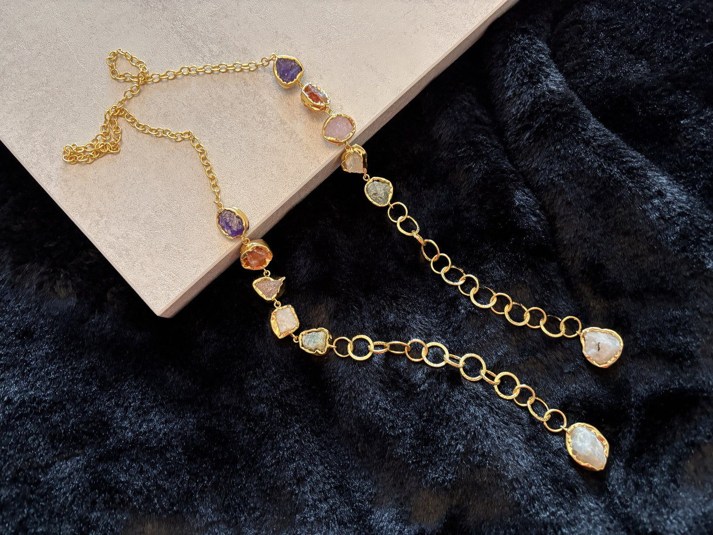 Handcrafted 18K Gold-Plated Statement Necklace with Raw Natural Stone – Amethyst, Moonstone & Quartz Cascade Design.
