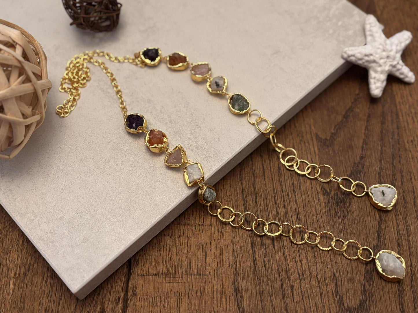 Handcrafted 18K Gold-Plated Statement Necklace with Raw Natural Stone – Amethyst, Moonstone & Quartz Cascade Design.