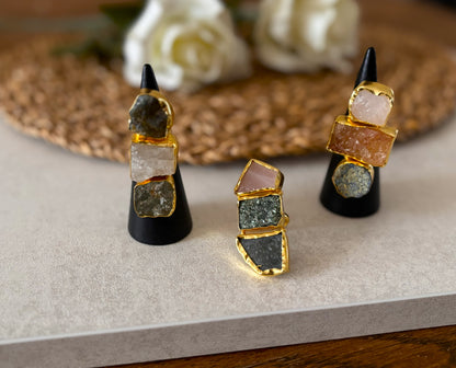 Earthbound Elegance Trio Stone Rings – Textured 18K Gold-Plated Brass Setting..