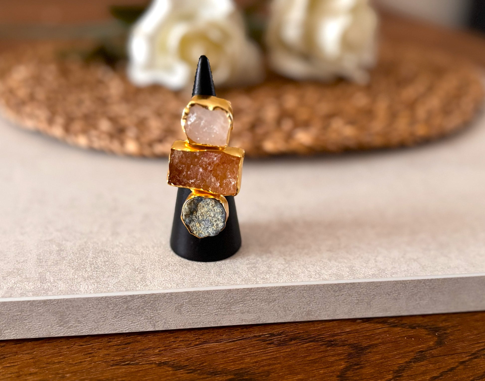 Earthbound Elegance Trio Stone Rings – Textured 18K Gold-Plated Brass Setting..