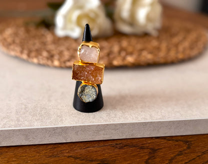 Earthbound Elegance Trio Stone Rings – Textured 18K Gold-Plated Brass Setting..